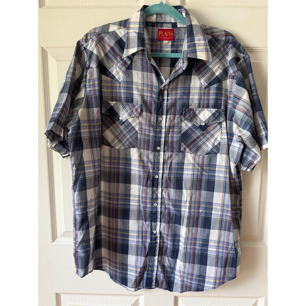 Vintage 80s 90s‎ Plains Western Wear Blue Plaid Pearl Snap Shirt Cowboy Mens L